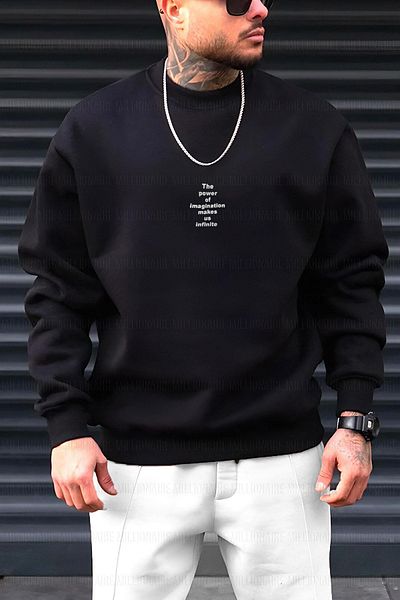 Millionaire Pánská černá mikina The Power Printed 0 Crew Neck Oversize Volný Loose Fit Fleecová mikina