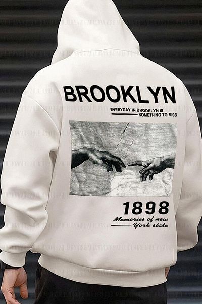 Millionaire Ανδρικό Broken White Cream Ecru 1898 με εμπριμέ με κουκούλα Oversize με 3 κλωστές, φαρδιά φαρδιά φούτερ