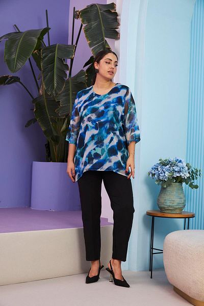 RMG Luxury Chiffon Blue Plus Size Blouse
