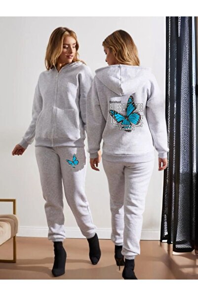 LAND MODA Women's Butterfly Printed Zippered -Up Sweatshirt and Tracksuit Set