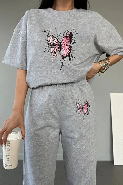 LAND MODA Set de tricou și pantaloni de trening roz cu imprimeu fluture