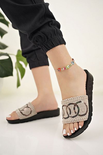 Modafırsat Women's Straw Slippers Beige Knit Lace Knitwear Embroidery Stone Stylish New Season Summer Home Beach Vacation Slippers