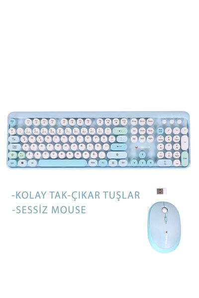 TWOTECH Renkli Tuşlu Kablosuz Mavi Q Türkçe Klavye Mouse Seti