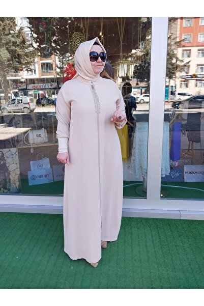 Moodbasic MOODBASİC TAŞ DETAYLI KOLLARI RİBANALI PANTOLONLU FERACE TAKIM BEJ MB10.14