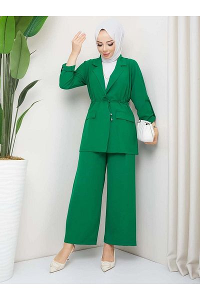 Swana Women's 2-Piece Linen Set with Tie Waist Jacket and Trousers - Emerald