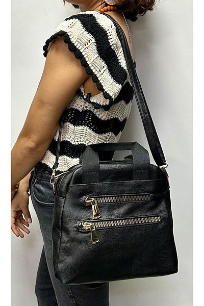 Akın Black Faux Leather - Multi-Zippered Eye and Crossbody Bag Flocking