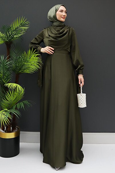GİZ AGİYİM Khaki Colored Degaje Cut Sleeve Tied Evening Dress