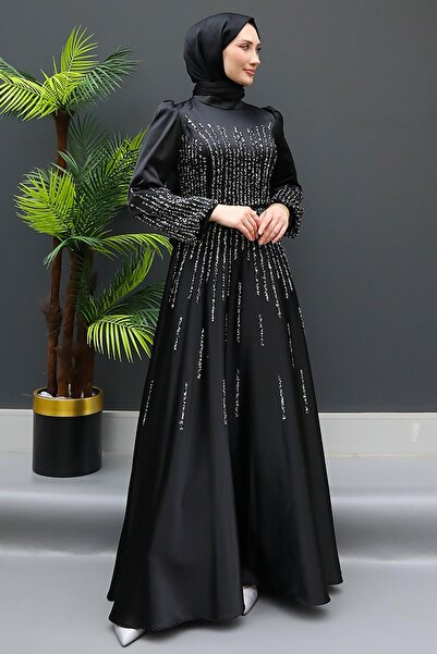 GİZ AGİYİM Black Hijab Evening Dress - Aysu with Stone Detail