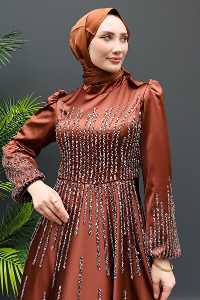 GİZ AGİYİM Stone Detailed Aysu Hijab Evening Dress - Tan