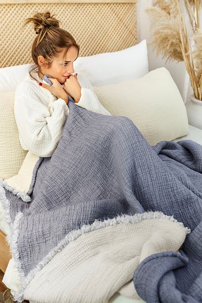 destinyhometex Indigo 6 Layer Muslin Double 240X260 Quilt/2 Pieces 50X70Cm Pillow Case 6 Layer Multi Muslin