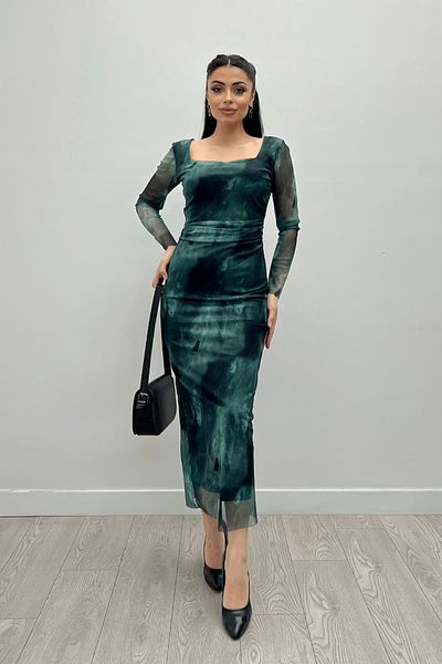 giyimmasalı Tulle Fabric - Square Collar and Gather Detailed Dress - TURQUOISE