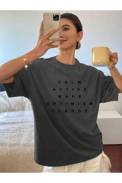 AFROGİYİM Γυναικείο μπλουζάκι Oversize με στάμπα Calm Active Wake