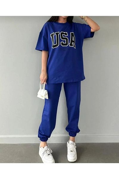 SKYLİGHT USA T-shirt and Jogger Sweatpants - Blue Printed Oversize Crew Neck Set