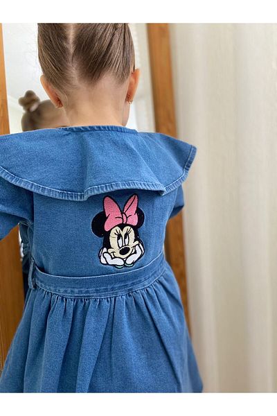 Yağmurun Butiği Minni Mouse Pattern - Embroidered and Belted Short Sleeve Denim Dress