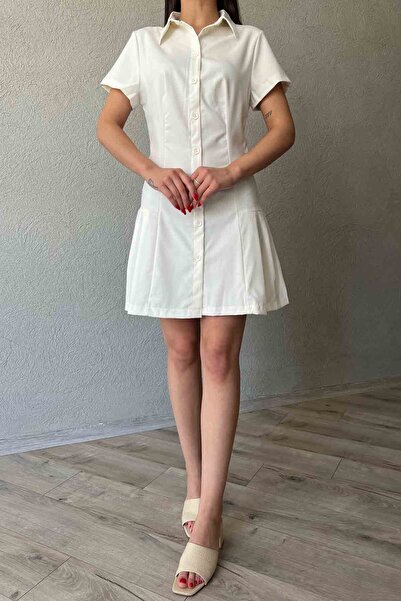 Seda Yalçın Atelier Ekru Önü Düğmeli Pile Detaylı Gömlek Elbise