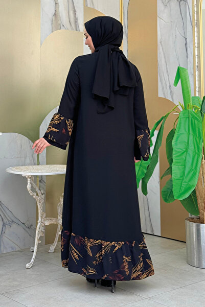 Bym Fashion Μαύρο λουλουδάτο μοτίβο Frilly Abaya - 7908