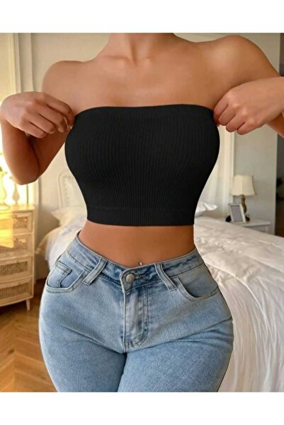 BENİMOLMALI Kaşkorse Kumaş Straplez Bluz Crop Likralı Büstiyer Bluz