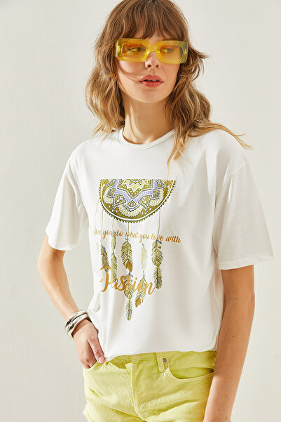 Bianco Lucci Ethnic Patterned Women's Combed Cotton T-Shirt -60251209