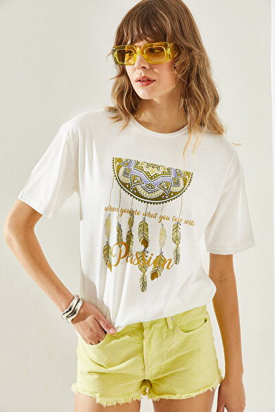 Bianco Lucci Ethnic Patterned Women's Combed Cotton T-Shirt -60251209