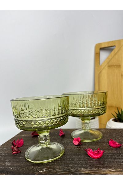 Paşabahçe Elysia 51749 Green Cut Crystal Ice Cream Bowl Dessert Presentation Bowl Set of 6 - 250 cc