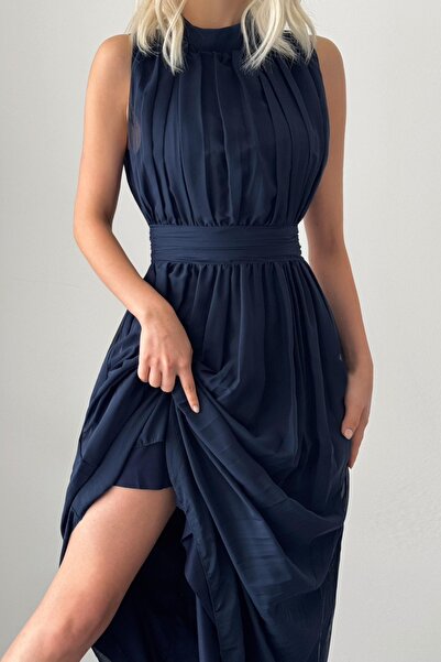 bayansepeti Navy Blue Chiffon Maxi Dress - Stand Collar and Back Low Cut, Sleeveless, Lined 099