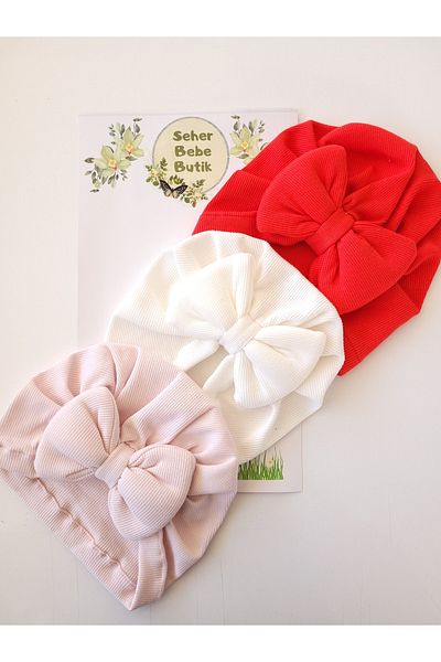 SeherBebeButik Baby Girl and Children's Bonnet with Colorful Bow - Set of 3