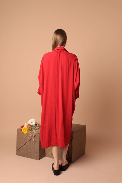 lovebox Red Midi Shirt Dress - New Season, Viscose Fabric, Pocket Detail