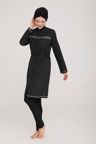 ZF BUTİK Costum de baie negru Hijab - Costum de baie ZF cu fermoar și acoperit complet
