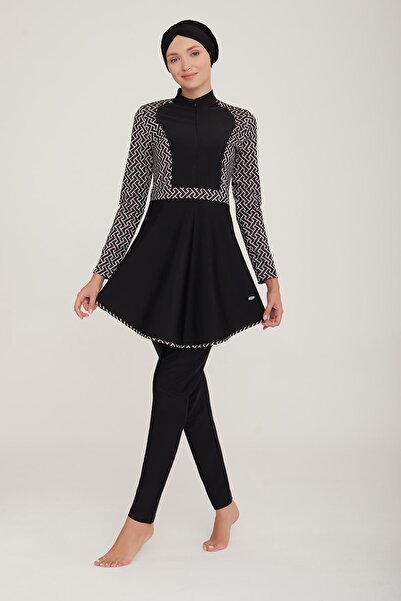 ZF BUTİK Costum de baie ZF negru cu dungi albe - Hijab complet acoperit cu Lycra, fermoar