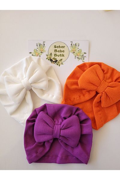SeherBebeButik Baby Girl and Children's Bonnet with Colorful Bow - Set of 3