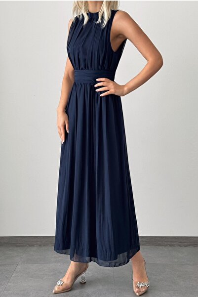 bayansepeti Navy Blue Chiffon Maxi Dress - Stand Collar and Back Low Cut, Sleeveless, Lined 099
