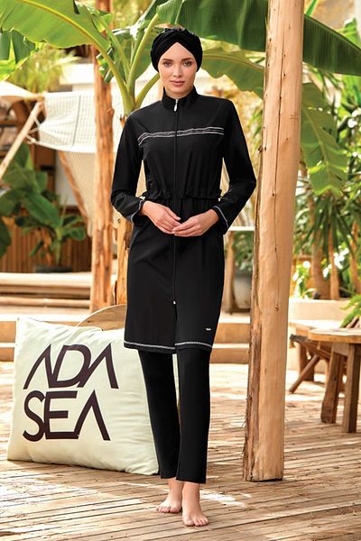 ZF BUTİK Costum de baie negru Hijab - Costum de baie ZF cu fermoar și acoperit complet