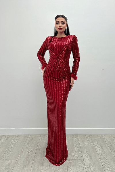 giyimmasalı Otris Detailed Tulle Sequin Red Fish Dress