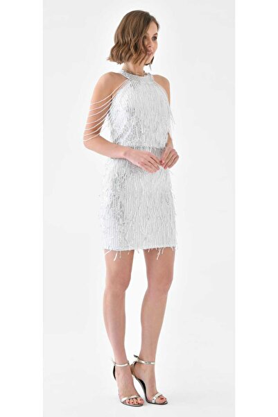 hilaltrendd Halter yaka taş tasarımlı saçaklı pul payet mini elbise