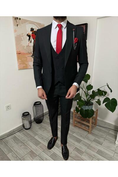 MISTER MR.PAPYON FASHION Erkek Yelekli Dar Kesim Takım Elbise Siyah