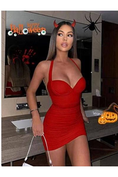 Miss Mini Length Dress with Bust Drawstring Glopes Side Drawstring Halter Neck