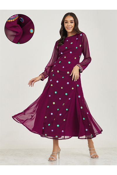 Styli Embroidery Detail Mirror Work A-Line Maxi Dress