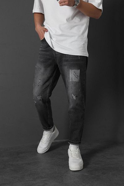 Slatra Men's Boyfriend Jeans - Anthracite, Stone Detailed, Ripped Burning