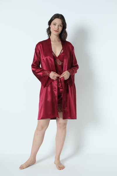 Alissa 6-Piece Claret Red Satin Pajamas and Dressing Gown Set - Bridal Dowry 8670