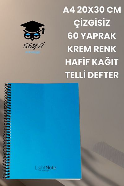 SEYFİKİRTASİYE A4 20x30 cm - Unlined 60 Sheets Wire Plastic Cover Light Notebook Light Book - Cream Color