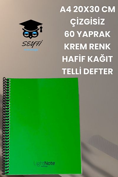 SEYFİKİRTASİYE A4 20X30 سم غير مبطن 60 ورقة غطاء بلاستيكي سلكي دفتر خفيف الوزن ورق بلون كريمي