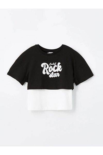 LC Waikiki LCW Kids Girl's Crop T-shirt and Tank Top - Crew Neck, εμπριμέ, κοντομάνικο