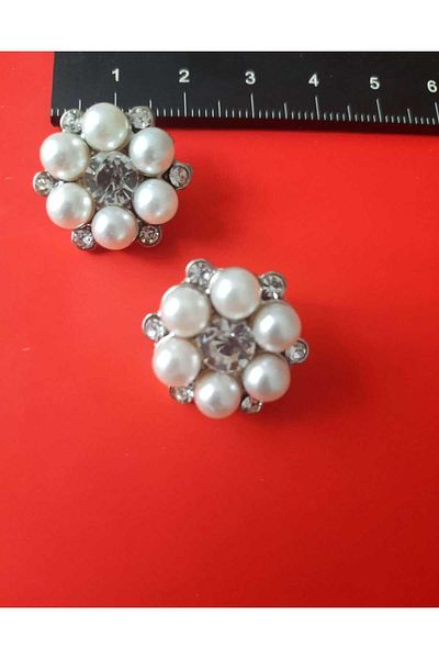 Beyna 2 cm Pearl and Crystal Stone Detailed Metal Button - 1 Pack of 4 Pieces
