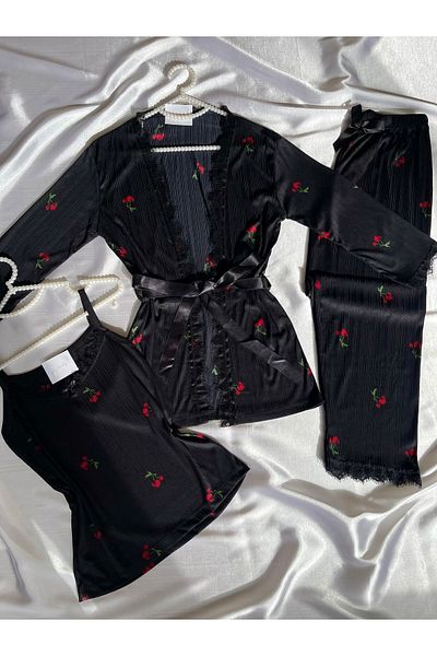 Pijamacs Set pijama Pegasus cu model cireșe negre cu halat