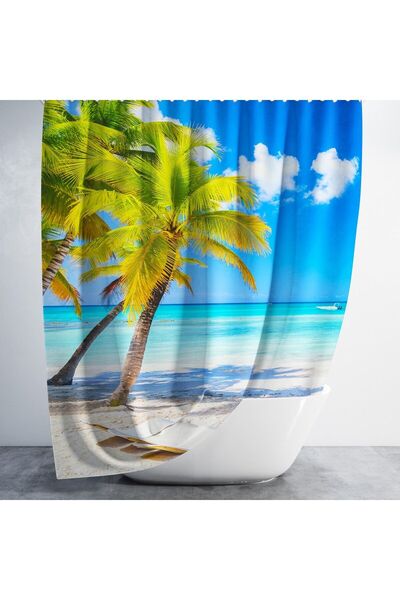 Tropikhome Banyo Duş Perdesi Karayipler Desenli Dijital Baskılı Banyo Perdesi...