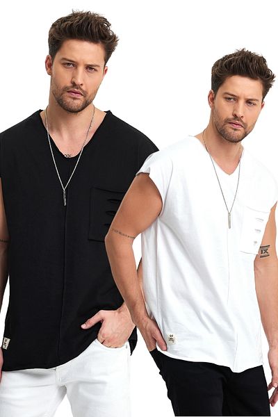 BABBOSS 2-Piece Oversize V-Neck Undershirt with Low Shoulder Pocket Detail