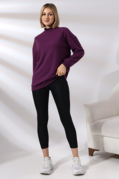 Ladies Yarım Balıkçı Yaka Uzun Sweatshirt 19556 Mürdüm