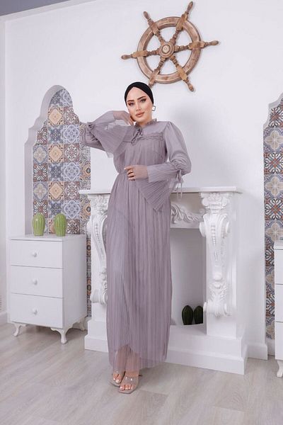 PİNK FLY Broderie Tesatura Scallop Dantela Detaliata Lungime Lungime Captusita Rochie Hijab Femei