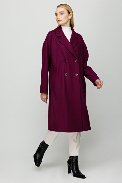 Esswaap Oversize Kruvaze Kapamalı Kaban Mürdüm