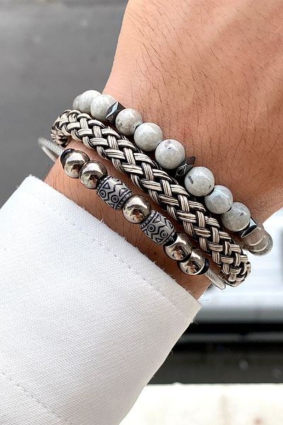 TAKIPORT 3-Piece Braid Design and Natural Stone Men's Bracelet Combination